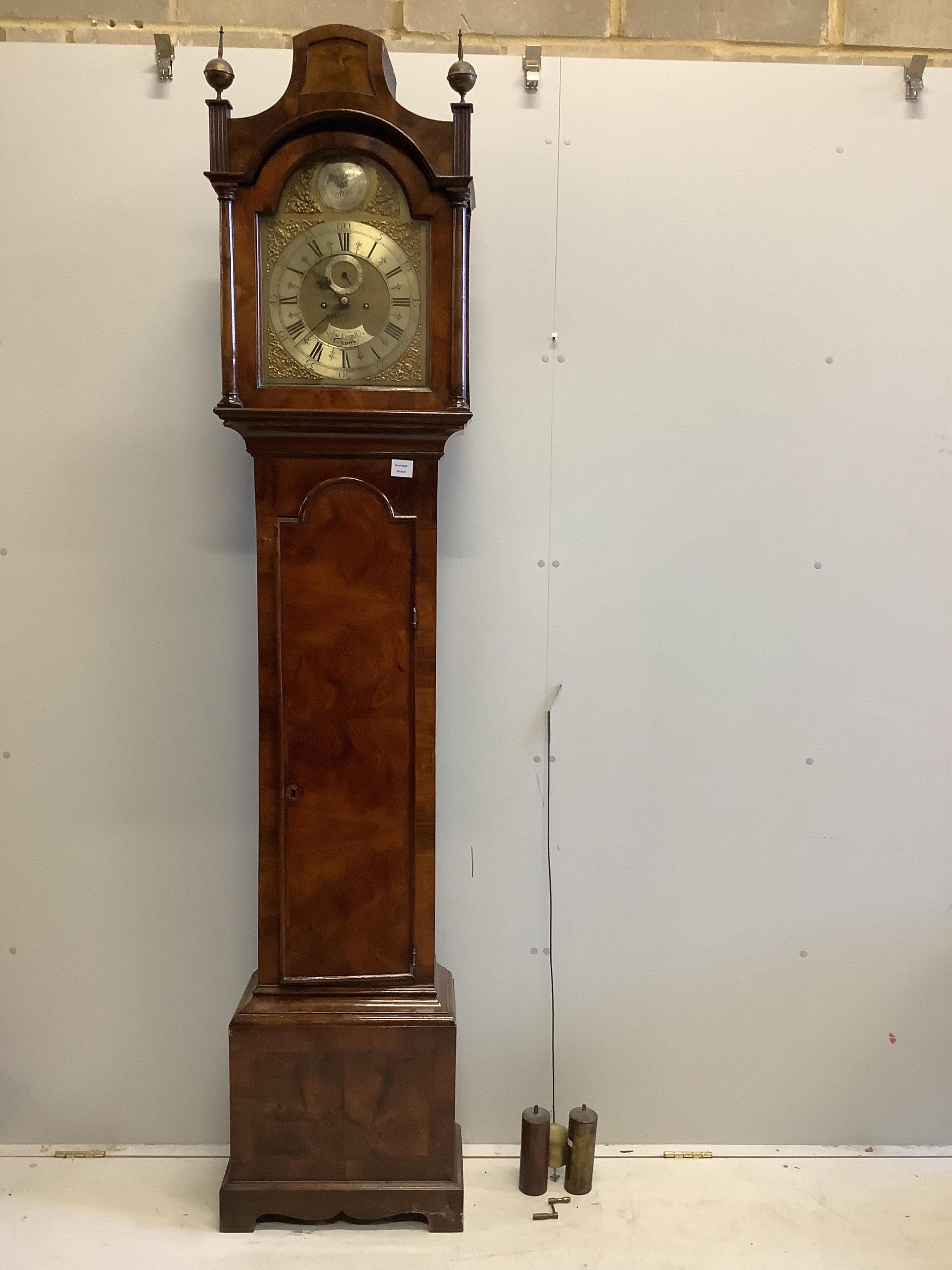 Jno. Everall of London. An 18th century walnut eight day longcase clock, height 226cm. Condition - fair